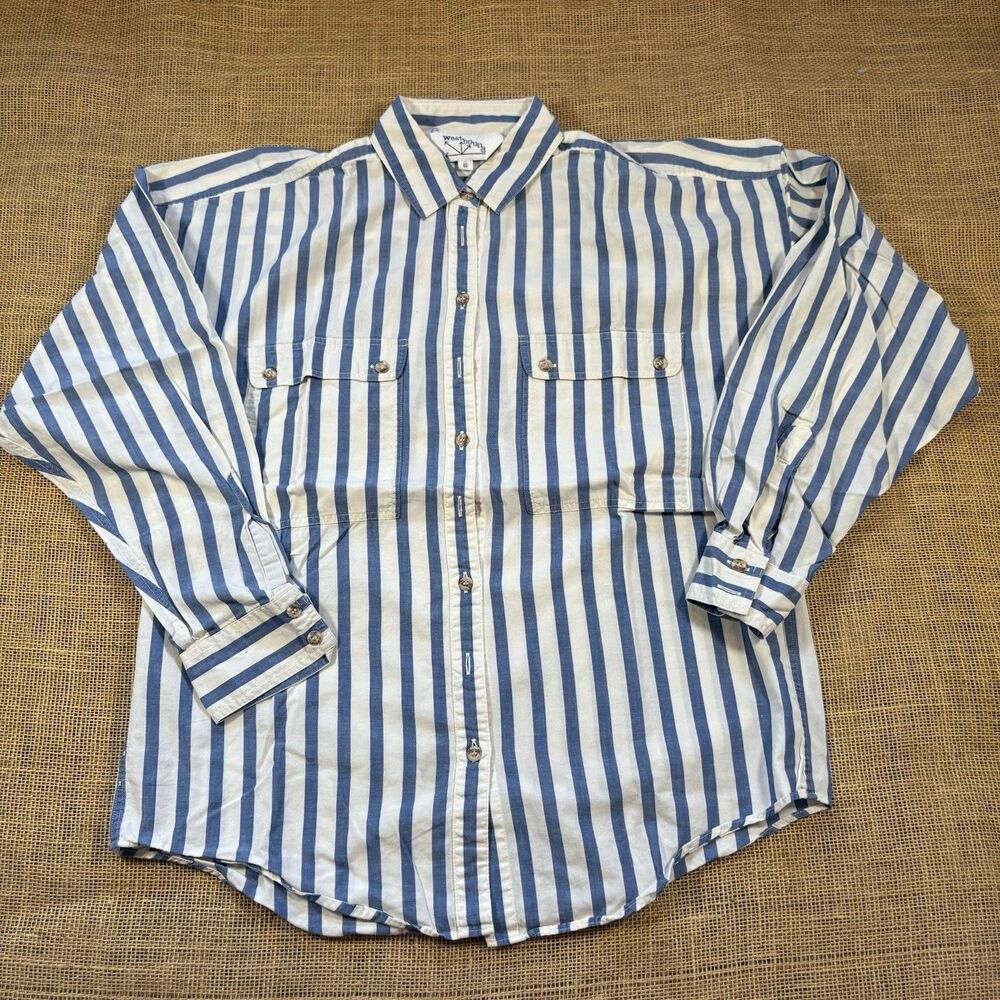 Vintage Westbound Woman's Blue/White Striped Cotton Long Sleeved Shirt Size 6